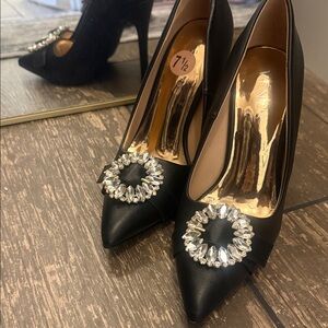 VENUS Black Heels with Crystal Accent